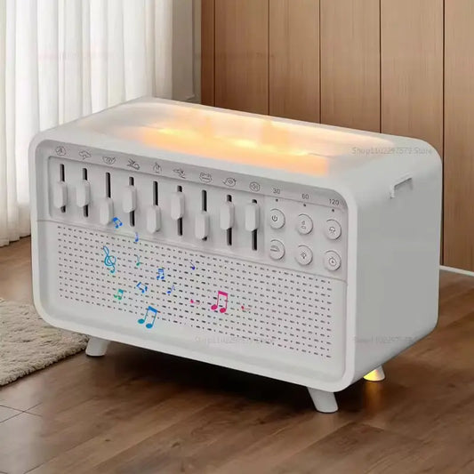 Help to Sleep and Reduce Neighbours Noise,White Noise Sleep Sound Machine with Flame Air Diffuser Humidifier BT Speaker Night Light Essential Oil Diffuser for Bedroom Rel