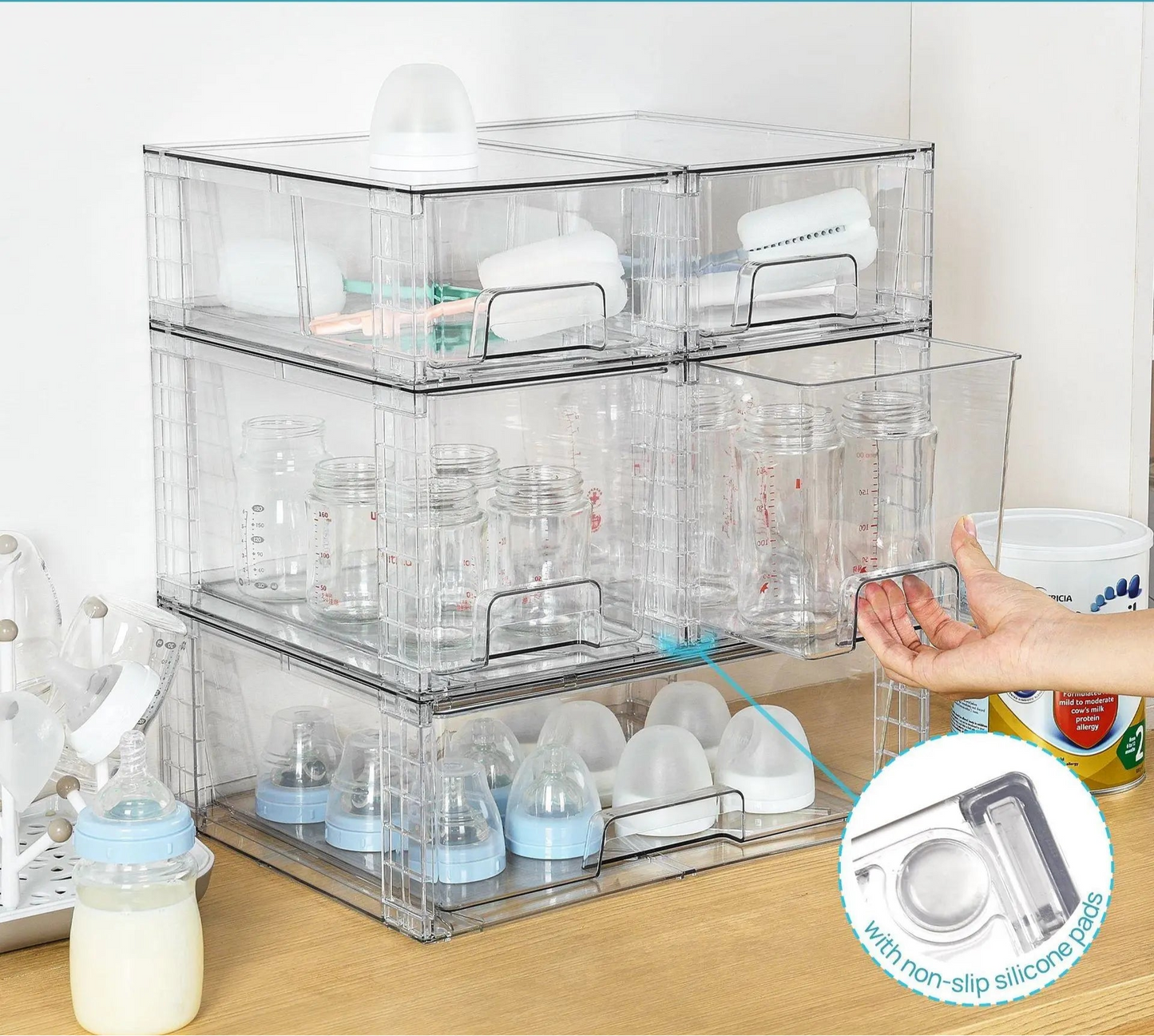 4 Pack Easy Assembly Acrylic Storage Drawers Large Stackable Organizers for Bathroom Pantry Makeup Medicine Organization Plastic